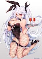 1girl animal_ears artist_name azur_lane black_ribbon breasts bunny_ears bunny_tail bunnysuit cross cross_earrings drink earrings eyebrows_visible_through_hair fishnet_legwear fishnets frilled_legwear frills gradient gradient_background hair_ribbon high_heels highres holding holding_tray jewelry lace-up_top large_breasts legs_folded long_hair looking_at_viewer neck_bow obiwan orange_eyes prinz_eugen_(azur_lane) ribbon silver_hair simple_background tail tongue tongue_out tray twintails two_side_up very_long_hair white_wrist_cuffs wrist_cuffs // 1080x1527 // 289.0KB