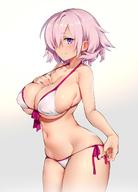 1girl bare_shoulders bikini blush breasts cleavage collarbone cowboy_shot fategrand_order fate_(series) from_side front-tie_bikini front-tie_top gradient gradient_background hair_over_one_eye halterneck hand_on_own_chest highres hips large_breasts lavender_hair looking_at_viewer looking_to_the_side lowleg lowleg_bikini mash_kyrielight navel pink_hair purple_eyes short_hair side-tie_bikini simple_background smile solo standing strap_gap swimsuit swimsuit_of_perpetual_summer thighs try waist white_background white_bikini // 1080x1500 // 142.3KB