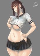 1girl alternative_bust_size artist_name blush breasts brown_eyes brown_hair dated female fubuki_(kantai_collection) grey_background grey_skirt hand_on_hip high_resolution kantai_collection large_breasts looking_at_viewer medium_hair navel nipple_slip nipples older pleated_skirt ponytail sailor_collar school_uniform self_fondle serafuku shirt short_sleeves sidelocks simple_background skirt smile solo thick_thighs thighs tied_hair tongue tongue_out torn_clothes torn_shirt torn_skirt underboob undersized_clothes upper_body uru_(uru0000) wide_hips // 1080x1525 // 145.4KB