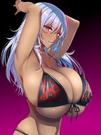 1girl alternate_eye_color alternate_hair_color alternate_skin_color arms_up atago_(kantai_collection) bangs bare_arms bare_shoulders bikini bikini_top black_bikini breasts cleavage closed_mouth collarbone dark_skin eyebrows_visible_through_hair from_side front-tie_bikini front-tie_top ganguro gradient gradient_background hair_between_eyes highres huge_breasts kantai_collection kloah lavender_hair long_hair looking_at_viewer navel pink_eyes sideboob smile solo stomach swimsuit tongue tongue_out underboob upper_body // 1080x1440 // 180.2KB