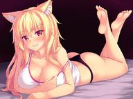 1girl animal_ears ass black_panties blonde_hair blush breasts cat_ears cleavage eyebrows_visible_through_hair fast-runner-2024 feet gradient gradient_background highres large_breasts long_hair looking_at_viewer lying md5_mismatch no_pants on_stomach original panties red_eyes resized slit_pupils smile soles solo strap_slip the_pose tiffy toes underwear upscaled // 1200x900 // 137.6KB