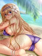 1girl akino_hamo ass barefoot beach bikini blonde_hair blue_eyes blush breasts cameltoe day dutch_angle eyebrows_visible_through_hair from_behind granblue_fantasy hair_between_eyes highres jeanne_d'arc_(granblue_fantasy) large_breasts long_hair looking_at_viewer looking_back lying nipples on_stomach outdoors parted_lips purple_bikini sand shade silhoutte solo sunlight swimsuit untied untied_bikini very_long_hair water // 1080x1455 // 313.3KB