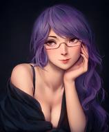 1girl arm_support bare_shoulders black_shirt breasts brown_eyes brown_nails cleavage closed_mouth collarbone commentary_request fingernails grey_background hand_up head_tilt highres kamishiro_rize long_hair medium_breasts miura-n315 nail_polish off_shoulder purple_hair red-framed_eyewear semi-rimless_eyewear shirt solo tokyo_ghoul under-rim_eyewear upper_body wavy_hair // 1200x1461 // 183.5KB