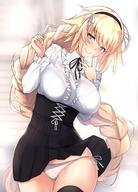 1girl bangs black_legwear black_skirt blonde_hair blouse blush braid breasts casual collared_blouse commentary_request day eyebrows_visible_through_hair fategrand_order fate_(series) frilled_blouse hair_between_eyes hairband hands_up head_tilt high-waist_skirt highres jeanne_d'arc_(fate) jeanne_d'arc_(fate)_(all) large_breasts long_hair long_sleeves looking_at_viewer meme_attire neck_ribbon outdoors panties ribbon side-tie_panties single_braid skindentation skirt smile solo thighhighs underwear untsue very_long_hair virgin_killer_outfit white_blouse white_panties wind wind_lift // 1020x1422 // 206.0KB