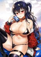 1girl ahoge arm_support azur_lane bangs bare_shoulders bikini black_bikini black_hair black_legwear black_swimsuit blush breasts can choker clavicle cleavage crossed_bangs eyewear_on_head female gijang hair_between_eyes head_tilt jacket knee_up large_breasts long_hair long_sleeves looking_at_viewer navel nose_blush off_shoulder one_side_up open_clothes open_jacket open_mouth parted_lips red_eyes red_jacket sitting smile solo sunglasses swimsuit taihou_(azur_lane) thighhighs thighs very_long_hair // 920x1292 // 190.1KB