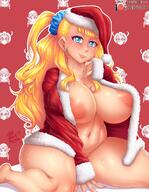 10s 1girl areolae asymmetrical_hair blue_eyes blush breasts captainjerkpants christmas cleavage earrings erect_nipples female_focus galko hair_bun highres jewelry large_areolae large_breasts long_hair oshiete!_galko-chan scrunchie side_bun sitting solo sweat wariza // 1228x1586 // 298.0KB