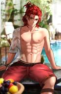 1boy bara closed_mouth day esther_shen fantasy fruit_basket granblue_fantasy large_pectorals looking_at_viewer male_focus muscular muscular_male open_clothes open_shirt pectorals percival_(granblue_fantasy) red_eyes red_hair shorts sitting smile solo water // 880x1354 // 149.1KB