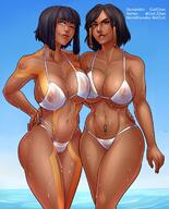 ankh bikini black_hair blue_eyes brown_eyes crossover egyptian fit_female large_breasts medium_hair neith_(smite) nipples_visible_through_clothing overwatch pharah pussy_visible_through_clothes see-through_swimsuit smite tattoo thick_thighs voluptuous wet wink // 1080x1336 // 184.1KB