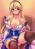 art artist_request bed big_breasts blue_eyes blue_hairband blush character_request cleavage freezing freezing_(series) glasses hairband indoors knee_up long_hair looking_at_viewer on_bed open_mouth panties purple_panties sitting stockings tagme twitter // 880x1230 // 198.0KB