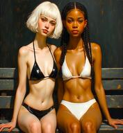 2girls ai_generated bench bikini blonde_hair bob_cut braids dark-skinned_female dreadlocks latex latex_clothing light-skinned_female original original_character sexy_body sitting_on_bench skinny slim small_breasts // 1224x1328 // 195.9KB