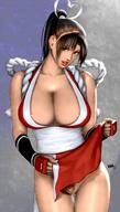 1girl areolae breasts brown_eyes brown_hair cleavage fatal_fury huge_breasts nipples panties panties_aside pelvic_curtain ponytail pubic_hair pussy shiranui_mai skirt skirt_lift solo the_king_of_fighters uncensored underwear wakino_keibun // 880x1547 // 166.1KB