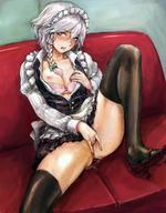 1girl apron black_legwear blush bow bra bra_pull braid breast_slip breasts couch fingering hair_bow high_heels highres izayoi_sakuya lace lace_bra large_breasts leg_up lingerie maid maid_headdress masturbation miniskirt nipples no_panties one_breast_out open_clothes open_mouth open_shirt osakana_(denpa_yun&#39;yun) pink_eyes pussy pussy_juice red_eyes self_fondle shirt shoes short_hair silver_hair sitting skirt solo spread_legs sweat thighhighs touhou twin_braids uncensored underwear // 980x1255 // 213.0KB