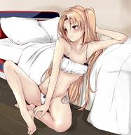 1girl arm_support azur_lane bare_legs barefoot bed bed_sheet blanket blonde blush bra breasts clavicle cleveland_(azur_lane) eyes_closed feet female full_body hand_behind_head indoors knee_up leaning_back legs long_hair looking_away looking_to_the_side on_floor pillow red_eyes rizzl shiny shiny_hair sidelocks small_breasts smile solo straight_hair underboob underwear underwear_only very_long_hair white_bra white_underwear wooden_floor // 1020x1048 // 168.3KB