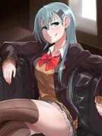 1girl aqua_eyes aqua_hair ascot bangs blush breasts brown_legwear cardigan clavicle collared_shirt couch crossed_legs earrings elbow_rest eyebrows_visible_through_hair female gesugao hair_between_eyes hair_ornament hairclip high_resolution indoors jacket jewelry kantai_collection large_breasts long_hair looking_at_viewer nail_polish open_cardigan open_clothes pleated_skirt remodel_(kantai_collection) shirt sidelocks sitting skirt smile solo stud_earrings suzuya_(kantai_collection) thighhighs thighs v_r_dragon01 vest white_shirt window // 1080x1437 // 189.4KB