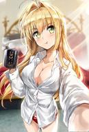 1girl ahoge bedroom blonde blurry breasts cleavage cowboy_shot cup depth_of_field dress_shirt eyebrows_visible_through_hair fateextra fategrand_order fate_(series) female foreshortening glint green_eyes hair_down hair_intakes indoors large_breasts long_hair long_sleeves looking_at_viewer mug nero_claudius_(fate)_(all) no_pants one_arm_up pantsu red_panties self_shot shirt solo steam tonee underwear // 960x1421 // 249.9KB