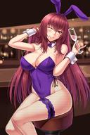 1girl Pantyhose alternative_costume animal_ears bare_shoulders blush bow bowtie breasts bunny_ears bunny_girl bunnysuit fategrand_order fate_(series) female fishnet_legwear fishnet_pantyhose fishnets glass high_resolution long_hair looking_at_viewer one_eye_closed purple_hair red_eyes scathach_(fate) shiny shiny_hair shiny_skin shuugetsu_karasu sitting smile solo tipsy very_long_hair wrist_cuffs // 960x1440 // 244.3KB