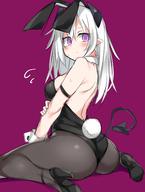 1girl :< Pantyhose abarabone animal_ears armlet ass black_legwear blush breasts bunny_ears bunny_girl bunny_tail bunnysuit demon_girl demon_tail fake_animal_ears female flying_sweatdrops from_behind high_heels high_resolution horns jewelry leotard long_hair looking_at_viewer looking_back medium_breasts original pointed_ears purple_background purple_eyes shoes sideboob simple_background sitting solo sweat tail wariza white_hair wrist_cuffs // 1080x1430 // 141.7KB
