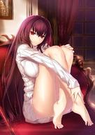 1girl breast_press breasts chair error fategrand_order fate_(series) gae_bolg hair_intakes highres knees_to_chest large_breasts long_hair long_sleeves looking_at_viewer photo_(object) polearm purple_hair red_eyes ribbed_sweater scathach_(fategrand_order) sitting smile solo spear sweater thighs very_long_hair weapon window yoshida_takuma // 880x1245 // 186.6KB