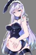 1girl animal_ears ass azur_lane belfast_(azur_lane) black_hairband blue_eyes breasts bunny_tail bunnysuit chains cleavage collar commentary_request eyebrows_visible_through_hair fake_animal_ears grey_background hairband highres lavender_hair long_hair looking_at_viewer maid_headdress medium_breasts oputon simple_background solo standing tail thighhighs twisted_torso // 1080x1620 // 255.0KB