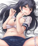1girl absurdres ahoge areolae bed_sheet blue_sailor_collar blue_skirt blush bra bra_pull breasts commentary_request covering_nipples embarrassed fingernails grey_hair hair_spread_out hands_up highres kantai_collection kiritto large_breasts long_hair looking_at_viewer lying navel on_back panties panties_around_one_leg pink_bra pink_panties pleated_skirt sailor_collar school_uniform serafuku shirt shirt_lift short_sleeves skirt solo spread_legs underwear ushio_(kantai_collection) white_shirt // 1080x1296 // 243.9KB
