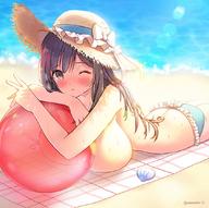 1girl ass ball beach beachball bikini_bottom blush breasts brown_eyes brown_hair butt_crack eyebrows_visible_through_hair hat idolmaster idolmaster_shiny_colors large_breasts long_hair looking_at_viewer lying melomelo_d on_stomach outdoors sand seashell shell solo straw_hat sun_hat topless tsukioka_kogane twitter_username water wet // 1080x1072 // 175.6KB