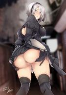1girl ass blue_eyes blush boots breasts cameltoe dress feather-trimmed_sleeves from_behind gloves hairband half-closed_eyes leotard leotard_under_clothes looking_at_viewer looking_back medium_breasts mole mole_under_mouth nier_(series) nier_automata rib:y(uhki) short_hair sideboob silver_hair skirt skirt_lift spread_ass thigh_boots thighhighs thong_leotard vambraces white_hair // 880x1247 // 129.9KB