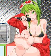 1girl barefoot bikini_top feet goggles green_eyes green_hair gumi highres hoodie jacket leg_up legs_crossed long_hair looking_at_viewer microphone off_shoulder parted_lips pov pov_feet sitting soles toes vocaloid // 1080x1176 // 302.3KB