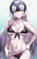 1girl absurdres ahoge ale_nqki bangs bare_shoulders bikini bikini_tug black_bikini blush bracelet breasts cleavage collarbone commentary_request cowboy_shot eyebrows_visible_through_hair fategrand_order fate_(series) flying_heart front-tie_top groin hair_between_eyes hand_in_bikini hand_on_hip head_tilt headpiece highres jeanne_d&#39;arc_(alter)_(fate) jeanne_d&#39;arc_(fate)_(all) jewelry large_breasts long_hair looking_at_viewer medium_breasts multi-strapped_bikini navel necklace o-ring o-ring_top open_mouth pale_skin sidelocks silver_hair solo stomach swimsuit very_long_hair wet yellow_eyes // 1200x1887 // 279.4KB