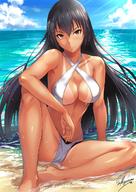 1girl artist_name barefoot beach bikini black_bikini black_hair blush breasts cleavage closed_mouth cloud collarbone criss-cross_halter day frown gusset hair_between_eyes halterneck kantai_collection kantai_collection_(anime) knee_up large_breasts light_rays long_hair looking_at_viewer nagato_(kantai_collection) ocean one-piece_swimsuit outdoors partially_submerged red_eyes sakiyamama sand sitting solo spread_legs swimsuit tan tanline two-tone_swimsuit water wet white_swimsuit // 880x1244 // 204.6KB