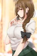 1girl absurdres black_bow bow braid breasts brown_eyes brown_hair earrings eyebrows_visible_through_hair finger_to_mouth hair_over_shoulder highres idolmaster idolmaster_shiny_colors jewelry kuwayama_chiyuki large_breasts long_braid long_hair necklace ribbed_shirt ryuu. shirt single_braid solo white_shirt // 1080x1605 // 186.3KB