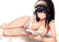 1girl arm_support bare_shoulders bed_sheet black_hair blue_eyes blush book bow bow_panties breasts camisole cleavage collarbone eyebrows_visible_through_hair eyes_visible_through_hair groin hair_between_eyes hairband half-closed_eyes highres holding holding_book idolmaster idolmaster_cinderella_girls lace lace-trimmed_panties lace_trim large_breasts long_hair lying on_side open_book panties raiou reading sagisawa_fumika see-through shiny shiny_hair simple_background skindentation solo strap_gap sweat thigh_gap underwear underwear_only white_camisole white_panties // 1200x848 // 116.8KB
