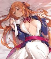 1girl bangs bed_sheet blazer blush breasts breasts_apart brown_hair closed_mouth collared_shirt commentary_request girls_frontline green_eyes hair_between_eyes hair_ribbon hair_rings head_tilt jacket knee_up large_breasts long_hair long_sleeves looking_at_viewer lying m1903_springfield_(girls_frontline) neck_ribbon no_bra on_back open_mouth partially_undressed pop_kyun ribbon shirt sidelocks smile solo // 880x1026 // 158.1KB