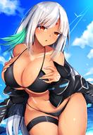 1girl azur_lane bare_shoulders bikini bikini_top black_bikini black_jacket blue_sky blush body_markings breasts cleavage colored_eyelashes cowboy_shot dark_skin eyebrows_visible_through_hair hands_on_own_chest highres jacket large_breasts leaning_forward lips long_hair looking_at_viewer massachusetts_(azur_lane) midriff monotosu multicolored_hair native_american open_clothes open_mouth orange_eyes outdoors parted_lips silver_hair skindentation sky solo sunlight swimsuit swimsuit_under_clothes thigh_strap thighs underboob // 1080x1572 // 244.6KB