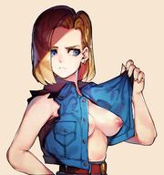 1girl android_18 beige_background belt blonde_hair blue_eyes breasts denim denim_jacket dragon_ball earrings fingernails frown hair_intakes highres jacket jewelry long_fingernails looking_away looking_down makeup mascara medium_breasts nipples no_bra one_breast_out open_clothes open_jacket puffy_nipples roropull short_hair simple_background sleeveless solo stomach torn_clothes torn_sleeves upper_body // 1200x1282 // 184.0KB