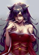 1girl ahri animal_ears bare_shoulders black_hair breasts clavicle cleavage detached_sleeves female finger_to_mouth grey_background kitsunemimi league_of_legends ling_(vivianling) lips long_hair medium_breasts nail_polish orange_eyes red_nails smile solo upper_body whisker_markings // 1080x1527 // 197.0KB