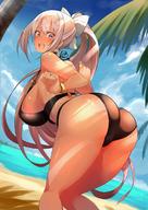 1girl arched_back ass bare_shoulders beach bent_over bikini black_bikini blush bow breasts cameltoe character_request earrings hair_bow hair_ornament hairclip highres huge_breasts jewelry long_hair looking_at_viewer looking_back mole mole_under_eye nuezou ocean open_mouth palm_tree pink_eyes pink_hair sideboob smile solo swimsuit thighs tree very_long_hair // 880x1242 // 164.1KB