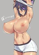 1girl armpits arms_up blue_hair bouncing_breasts bra bra_removed breasts eyebrows_visible_through_hair eyepatch grey_background headgear huge_breasts kantai_collection looking_at_viewer messy_hair mikoyan motion_lines nipples raised_eyebrows short_hair shorts simple_background solo sweatdrop tenryuu_(kantai_collection) toned underwear undressing white_bra white_shorts wide_hips yellow_eyes // 850x1203 // 117.6KB