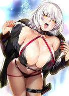 1girl ate_(series) bangs bare_shoulders bikini black_bikini black_choker black_jacket black_swimsuit blue_background breasts choker cleavage cowboy_shot eyebrows_visible_through_hair fategrand_order female fur-trimmed_sleeves fur_collar fur_trim hands_up heavy_breathing high_resolution jacket jeanne_d'arc_(alter) jeanne_d'arc_(alter)_(swimsuit_berserker) jeanne_d'arc_(fate)_(all) large_breasts looking_at_viewer marushin_(denwa0214) navel nose o-ring o-ring_bikini o-ring_bottom o-ring_top open_clothes open_jacket open_mouth sexually_suggestive short_hair silver_hair solo steam sweat swimsuit thigh_strap tongue tongue_out white_background yellow_eyes // 1080x1518 // 257.3KB