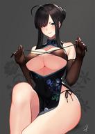 1girl ahoge black_dress black_hair black_panties black_underwear blue_eyes blush bra breasts brown_bra brown_gloves china_dress chinese_clothes cleavage dress dress_aside elbow_gloves erect_nipples erect_nipples_under_clothes female floral_print front-tie_bra gloves hayabusa high_resolution large_filesize long_hair looking_at_viewer mole mole_under_mouth nipples original pantsu pelvic_curtain see-through side-tie_panties side_slit sidelocks simple_background sitting solo thighs tongue tongue_out underboob underwear untied very_high_resolution // 1280x1796 // 211.3KB