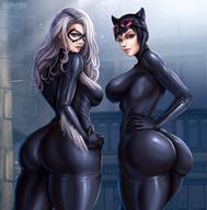 2girls ass batman_(series) black_cat_(marvel) black_hair blue_eyes bodysuit breasts catwoman dc_comics domino_mask female flowerxl from_behind gloves hand_on_hip huge_ass large_breasts long_hair looking_at_viewer looking_back marvel mask multiple_girls shiny shiny_clothes shiny_hair short_hair sideboob skin_tight smile spider-man_(series) white_hair // 960x976 // 102.3KB