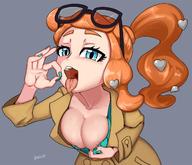 1girl aqua_eyes aqua_nails areola_slip areolae asymmetrical_hair bard-bot blue_eyes blush breasts brown_coat cleavage clothed_female clothes_pull coat creatures_(company) eyewear_on_head fellatio_gesture female fingernails game_freak glasses_on_head hair_ornament heart heart_hair_ornament high_resolution light-skinned light-skinned_female long_fingernails long_hair long_sleeves looking_at_viewer megane nail_polish naughty_face nintendo ok_sign open_mouth oral_invitation orange_hair pokemon pokemon_(game) pokemon_character pokemon_sword_&_shield ponytail presenting presenting_breasts presenting_self pulled_by_self ribbed_sweater sexually_suggestive side_ponytail solo sonia_(pokemon) sweater tied_hair tongue tongue_out // 1280x1102 // 156.6KB
