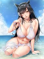 1girl alternate_costume animal_ear_fluff animal_ears arm_support atago_(azur_lane) atago_(midsummer_march)_(azur_lane) azur_lane bangs bare_shoulders bikini black_hair blush breasts brown_eyes choker cleavage collarbone commentary_request covered_nipples day extra_ears eyebrows_visible_through_hair floral_print flower hair_flower hair_ornament hair_ribbon head_tilt highres kobapyon large_breasts leaning_forward lips long_hair looking_at_viewer mole mole_under_eye navel outdoors parted_lips pulled_by_self ribbon sarong see-through sitting sky solo swept_bangs swimsuit swimsuit_pull water white_bikini white_choker white_flower white_ribbon white_sarong white_swimsuit wristband // 1080x1457 // 223.3KB