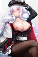 1girl Pantyhose Uniform adjusting_clothes adjusting_hat adjusting_headwear azur_lane bangs blush breasts breasts_out_of_clothes brown_legwear cape crossed_legs eyebrows_visible_through_hair female fur-trimmed_cape fur_trim gloves graf_zeppelin_(azur_lane) hair_between_eyes hat high_resolution iron_cross lace large_breasts large_filesize long_hair looking_at_viewer messy_hair military military_uniform nipples paid_reward patreon_reward peaked_cap red_eyes rei_kun sidelocks silver_hair sitting skirt solo very_high_resolution // 1220x1830 // 237.0KB