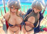 2girls ahoge artoria_pendragon artoria_pendragon_(lancer) artoria_pendragon_(lancer_alter) bangs bikini blonde blue_bikini blush braid breasts clavicle cleavage closed_mouth crown_braid cup day eyebrows_visible_through_hair fategrand_order fate_(series) female french_braid green_eyes groin hair_between_eyes hair_ornament head_tilt highleg highleg_swimsuit holding holding_cup horns large_breasts long_hair looking_at_viewer multiple_girls navel open_mouth outdoors ribbed_swimsuit satou_daiji sidelocks stomach swimsuit tied_hair undressing yellow_eyes // 1280x940 // 206.6KB