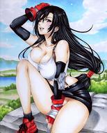 1girl absurdres bare_shoulders black_hair black_skirt blue_sky blush breasts brown_eyes cleavage commentary_request earrings elbow_gloves elbow_pads final_fantasy final_fantasy_vii fingerless_gloves gloves hand_on_head highres hmdark-9 jewelry lake large_breasts long_hair looking_at_viewer low-tied_long_hair marker_(medium) midriff miniskirt no_panties one_eye_closed open_mouth outdoors pencil_skirt red_footwear scenery shirt sitting skirt sky suspender_skirt suspenders tank_top taut_clothes taut_shirt thighs tifa_lockhart traditional_media tree // 1260x1573 // 380.8KB
