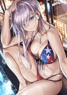 1girl american_flag_bikini bangs bare_shoulders bikini blue_eyes blurry blurry_background blush bokeh breasts city_lights clavicle cleavage closed_mouth depth_of_field elbow_on_knee eyebrows_visible_through_hair fategrand_order fate_(series) female flag_print hand_on_own_head head_tilt high_resolution indoors knee_up ks large_breasts long_hair looking_at_viewer multi-strapped_bikini navel night pink_hair pool poolside sandals sidelocks sitting skindentation smile solo sparkle stomach swept_bangs swimsuit tanlines tanned thighs wet window // 1224x1730 // 342.2KB