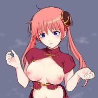 1:1_aspect_ratio 1girl blue_eyes blush breasts breasts_out_of_clothes chinese_clothes female female_only female_solo gintama hair_ornament high_resolution kagura_(gintama) medium_breasts navel nipples orange_hair simple_background solo tied_hair twintails // 1220x1220 // 139.1KB