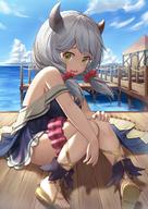 1girl ankle_lace-up bangs blush breasts cloud cow_horns cross-laced_footwear draph_race_(granblue_fantasy) dress eyebrows_visible_through_hair feet female full_body granblue_fantasy green_eyes grey_hair hair_over_shoulder hand_on_own_knee heijialan horizon horns knees_together_feet_apart kumuyu large_breasts long_hair looking_at_viewer low_twintails nervous ocean off_shoulder on_floor outdoors parted_lips pier sandals scrunchie sitting sleeveless sleeveless_dress solo tied_hair toes twintails wooden_floor // 850x1202 // 200.9KB