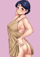 1girl apron ass blue_earrings blue_hair blush breasts brown_apron brown_eyes cleavage curvy earrings hand_on_own_ass hand_up highres jewelry large_breasts looking_at_viewer mature naked_apron nemui333 original pink_background pocket short_hair simple_background smile standing stud_earrings twisted_torso // 1426x2016 // 192.4KB