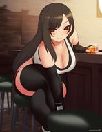 1girl bar blush breasts cleavage drink final_fantasy final_fantasy_vii final_fantasy_vii_remake kuroonehalf large_breasts legs_crossed sitting smile solo stool thighhighs tifa_lockhart // 1080x1401 // 117.4KB